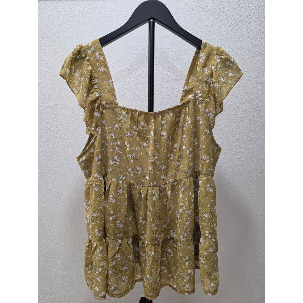 Floral Ruffle Tiered Babydoll Top Mustard Yellow Square Neck Blouse Large